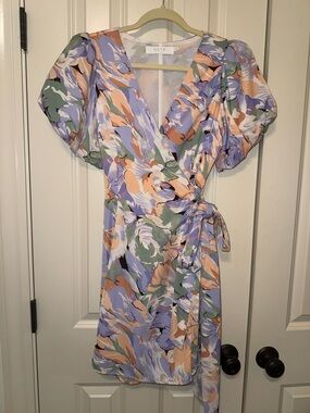 ASTR Pastel Floral Wrap Mini Dress in Lavender, Peach & Sage